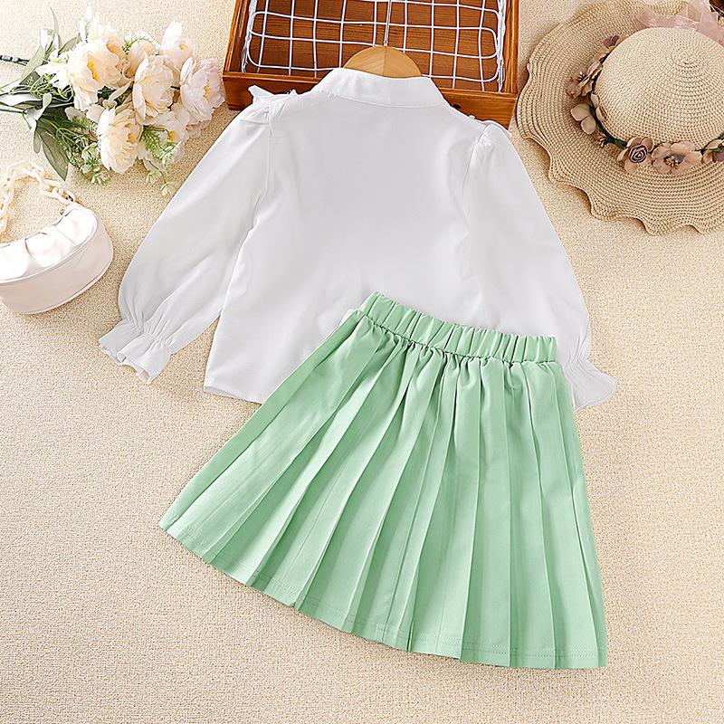 Mädchenmode-Set, Süßes besticktes Langarm-Oberteil für Kinder im Frühling, Plissee-Rock