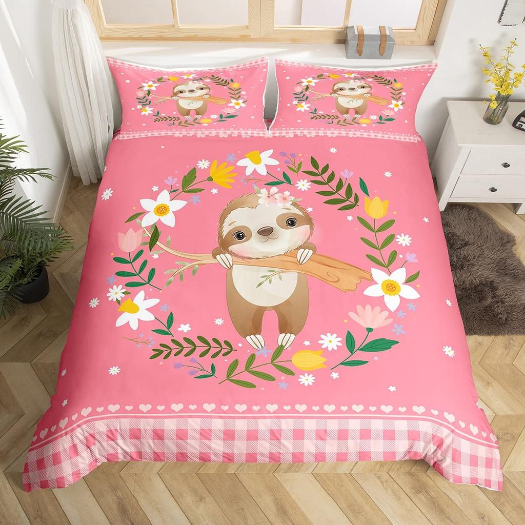 Kawaii Kaninchen Bettbezug Cartoon Tier Bettwäsche Set Geometrie Gitter Kariert Bettdeckenbezug Bunte Blumen Schmetterling Bettset