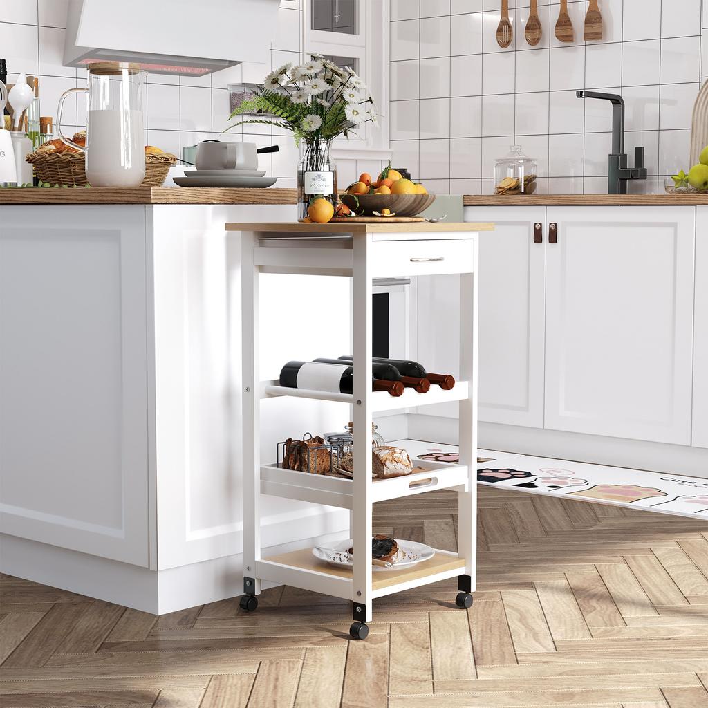 Carrello da portata Carrello da cucina su ruote 2 ripiani + Vassoio rimovibile + Cassetto Legno di pino Bianco Rovere chiaro