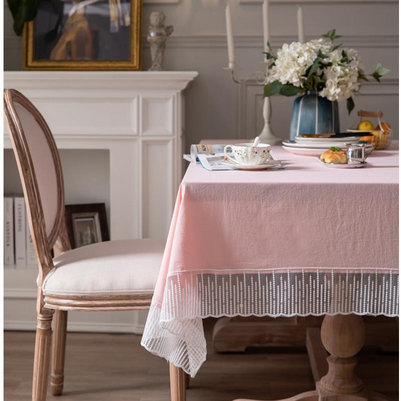 Solid Color Lace Edge Table Cover,French Retro Style Cotton Tablecloth,for Kitchen Dining Room Party Holiday Tabletop Decoration