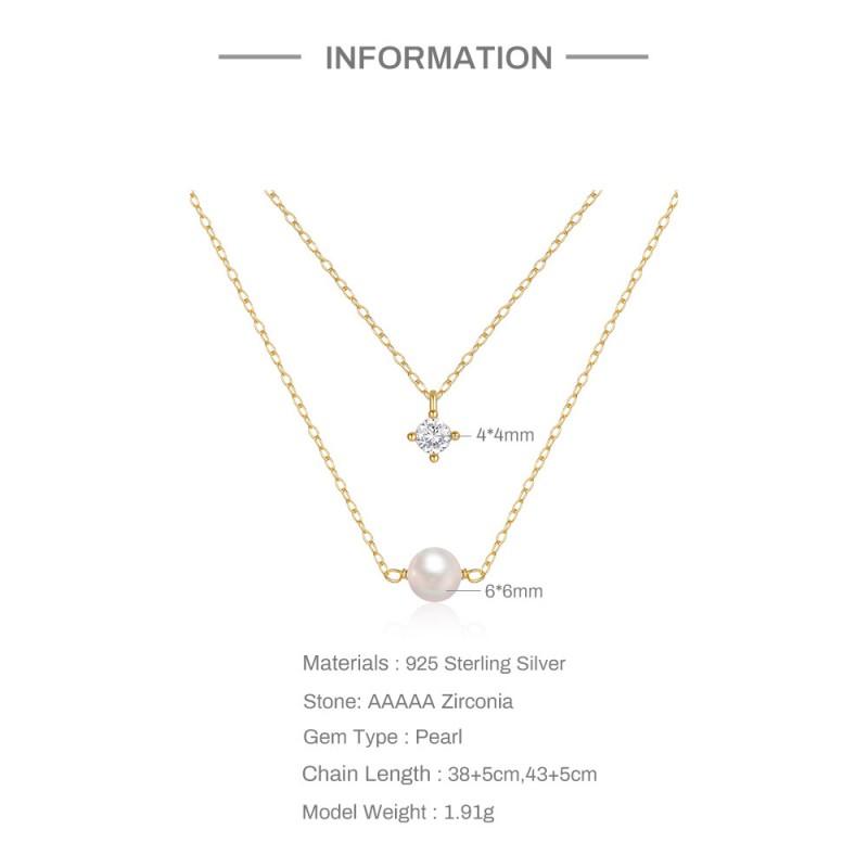 Layered Pearl Zirconia Necklace Women Sterling O-Link Chain Minimalist Chic Fashion Jewelry