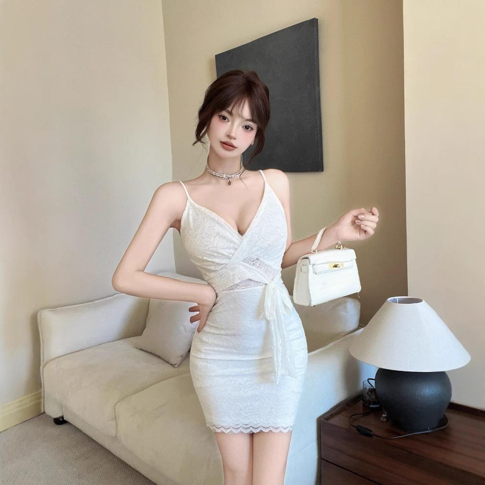 European and American sexy deep V-neck strap splicing lace rear cross low-cut bottoming dress showing thin hip skirt