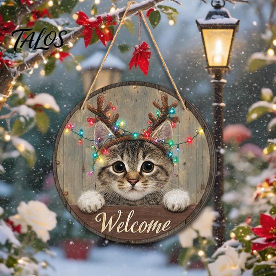 Rustic Farmhouse Ornament Wooden Christmas Welcome Sign, Animal Round Hanging Door Decor, Festive Wall Sign for Window Garden Holiday Decor
