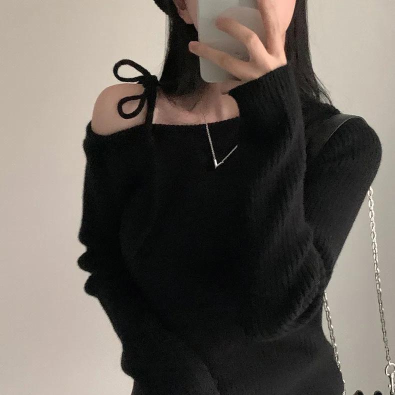 Slanted Collar Tied Irregular Pullover Women's Long Sleeved Knitted Tops Autumn Winter Korean Fashion Red Retro Sweaters