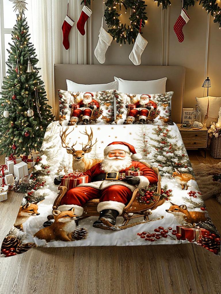 2/3pcs Christmas Tree, Gift, Snowflake, Deer, Santa Claus Pattern Digital Printing Brushed Duvet Cover Set, Soft & Comfortable