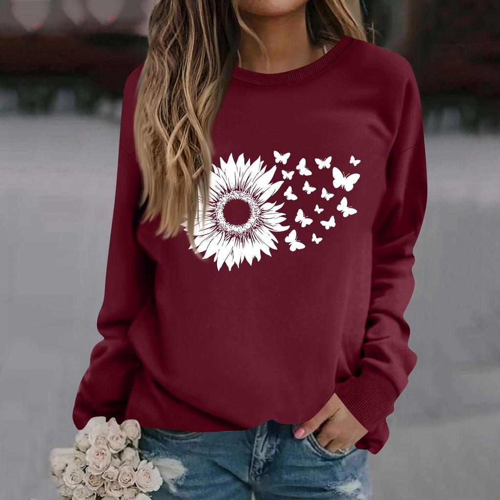 Women's Fashion Casual Long Sleeve Solid Color Printed Round Neck Top Sweatshirt