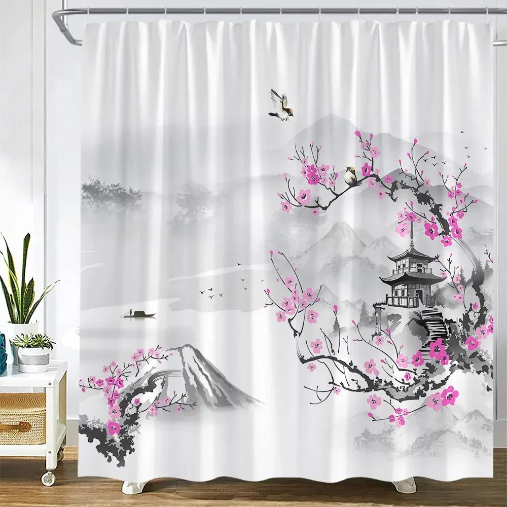 Ink Landscape Shower Curtains Red Flowers Plants Peacocks Birds Mountain Pavilion Chinese Style Art Fabric Bathroom Decor Sets