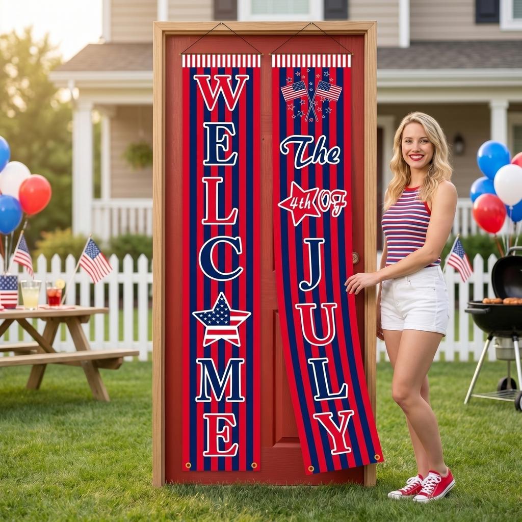 Vertical Banner Set with Welcome and The 4th of July Lettering Hanging Porch Sign with Star and Flag Print for Outdoor Decor