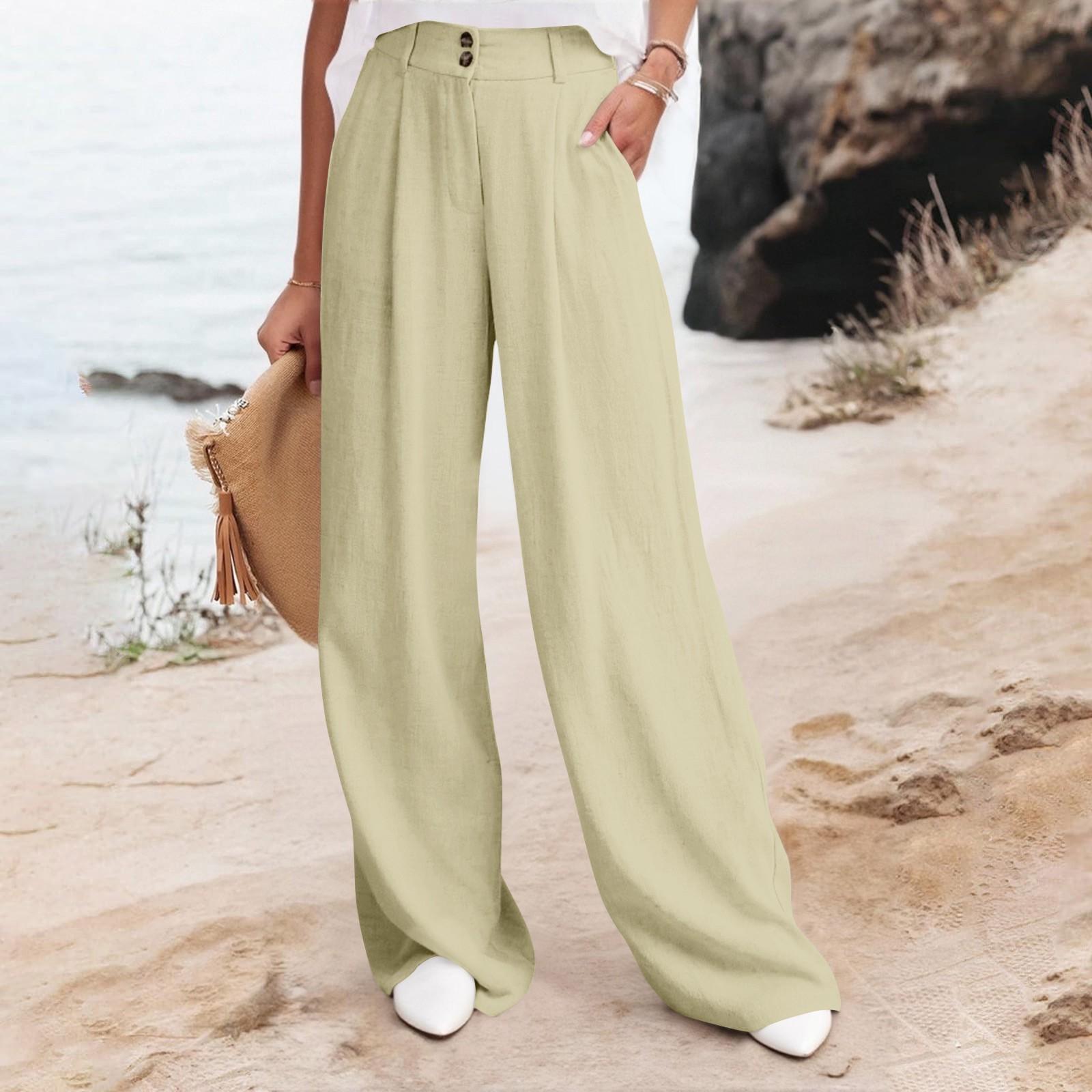 

Women s Linen Pants Casual Loose Wide Leg Pants Women s Elastic Waist Wide Leg Pants With Pockets Trousers XL бежевий