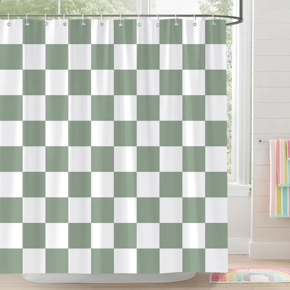 Square and Abstract Line Shower Curtain Geometric Patterns Simple Modern Polyester Fabric Bath Curtain with Hooks Bathroom Decor