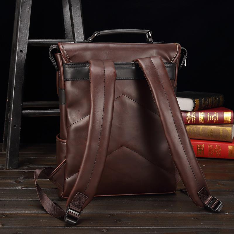 Trendy Men's British Fashion Backpack Personality Design Young Student Backpack Retro Crazy Horse Leather Bag 14-inch Computer Bag