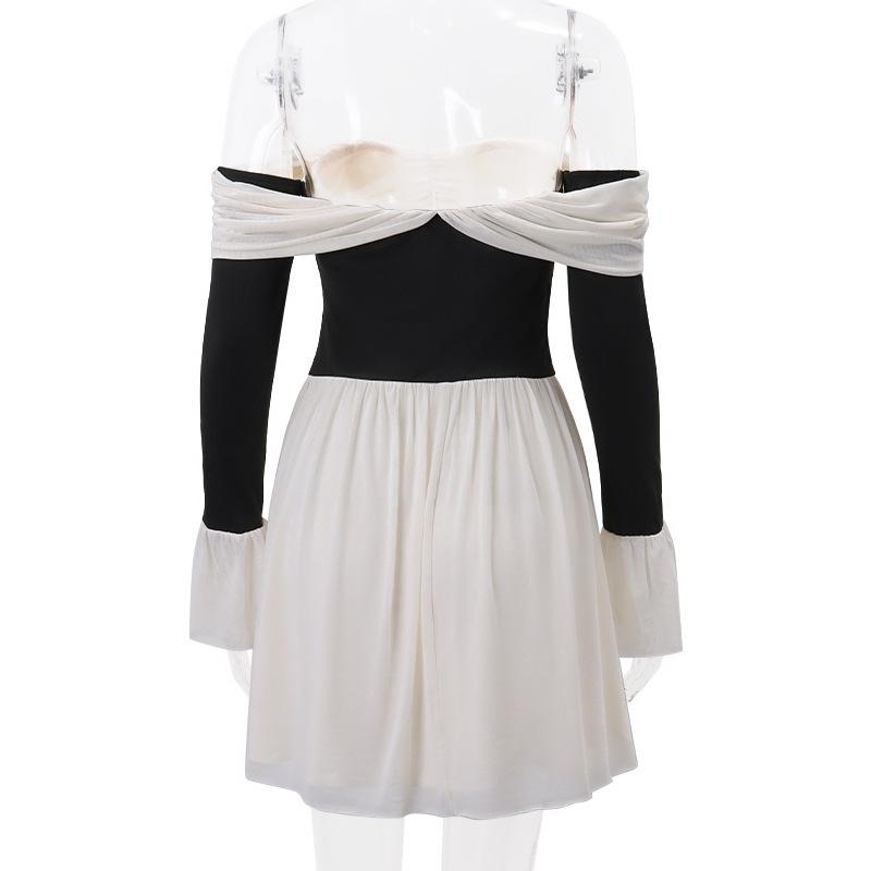 French Vintage Off Shoulder Dress Women Summer Fashion Slim Long Sleeve Slim High Waist Mini Dresses Girls Party Trendy Vacation Elegant Evening Dress