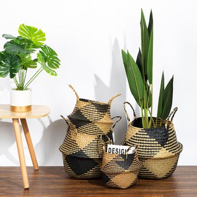 Handgefertigte Aufbewahrungskörbe aus Stroh Rattan Blumentopf Bauchkorb mit Griffen Faltbarer Kleiderwäsche-Aufbewahrungsbehälter