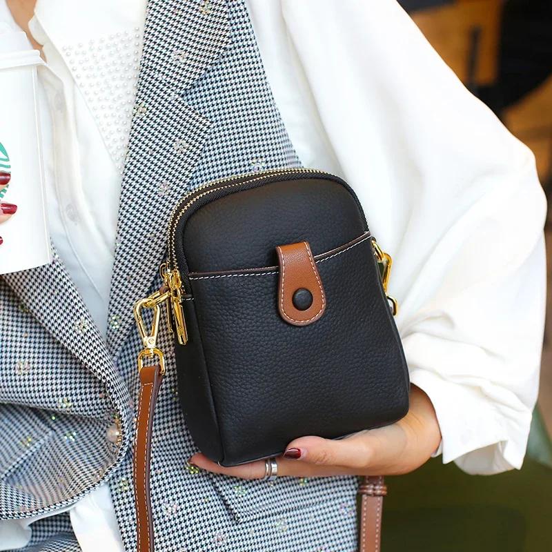 Genuine Cowhide Leather Mini Crossbody Phe Bag for Women Small Shoulder Bag with Gold Hardware Designer Luxury Messenger Bags