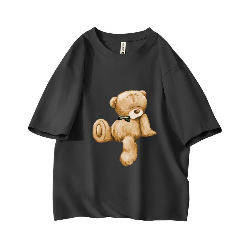 Cute Sleepy Bear With Bow Oversized Short Sleeve O Neck T Shirt Graphic Print 100 Cotton 2000s Women Tops Clothes Summer