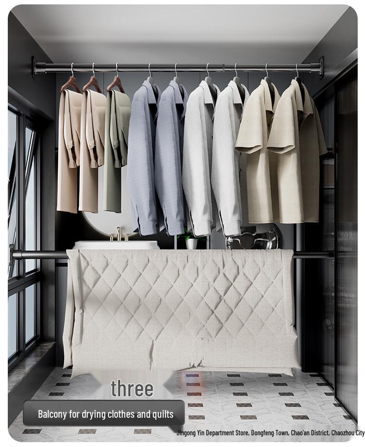 Regulowany, beznarzędziowy, wysuwany drążek ze stali nierdzewnej na ubrania i zasłonę prysznicową