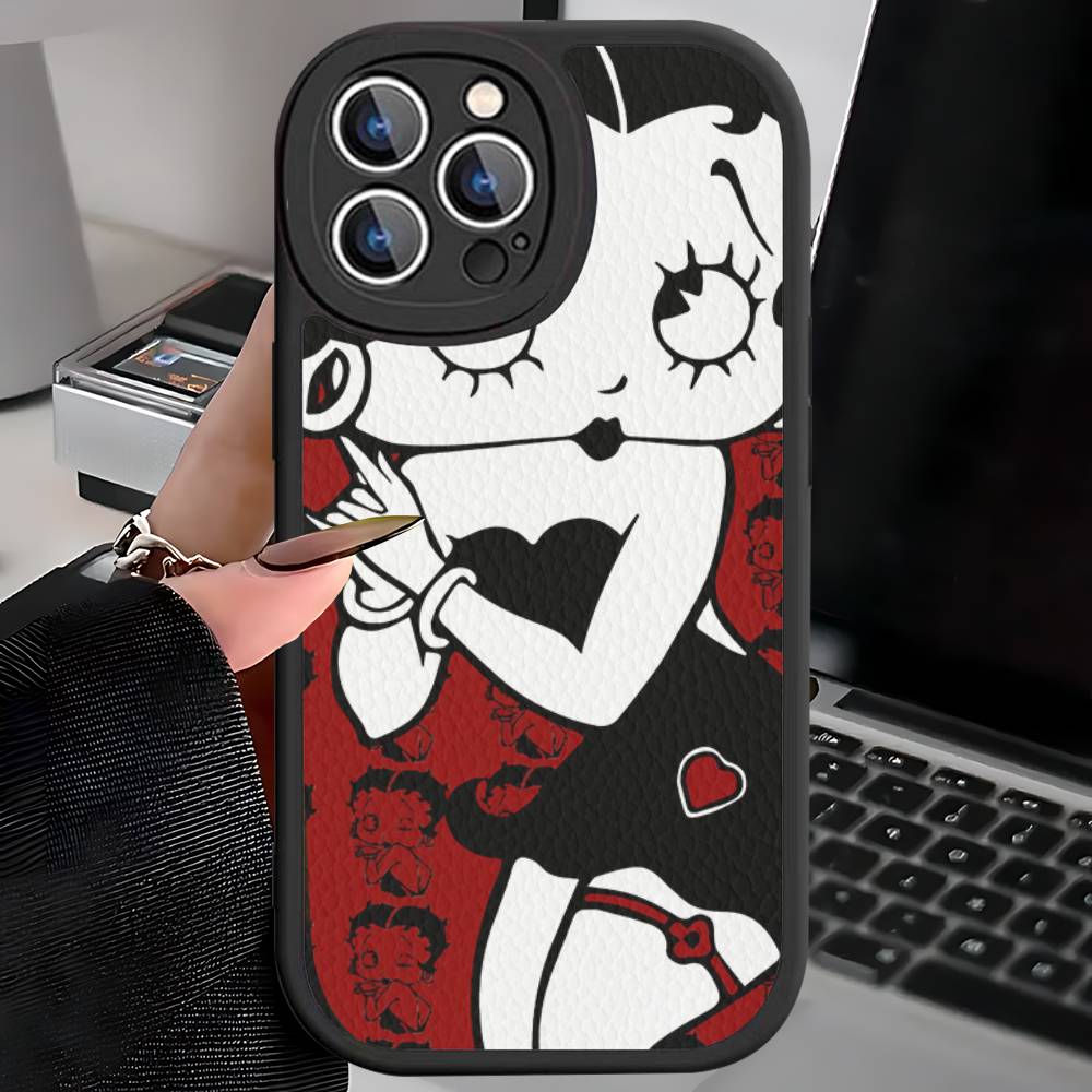 B-Betty-Cute-B-Boop Anime Leather Phone Case For iPhone 16 15 14 13 12 11 Pro Max Plus Shockproof Cover