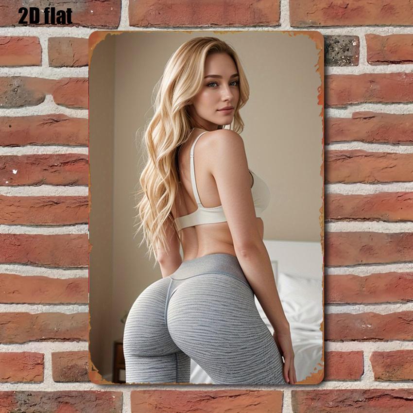 

Gorgeous Blonde Fitness Model in White Sports Bra Grey High Waisted Leggings Posing in Bedroom Vintage Metal Tin Sign Retro I 20x30cm（7.8x11.8inch）