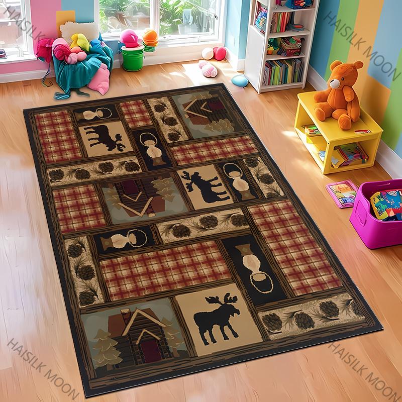 Dywan w stylu retro skandynawskim z motywem nadruku niedźwiedzia łosia, miękki dywan odpowiedni do jadalni, salonu, pokoju zabaw dla dzieci, mata podłogowa