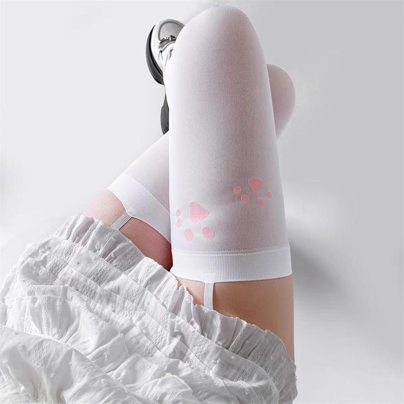 Cat Paw Print Sexy Over-the-Knee Socks with Straps Summer Thin Velvet Long Stockings