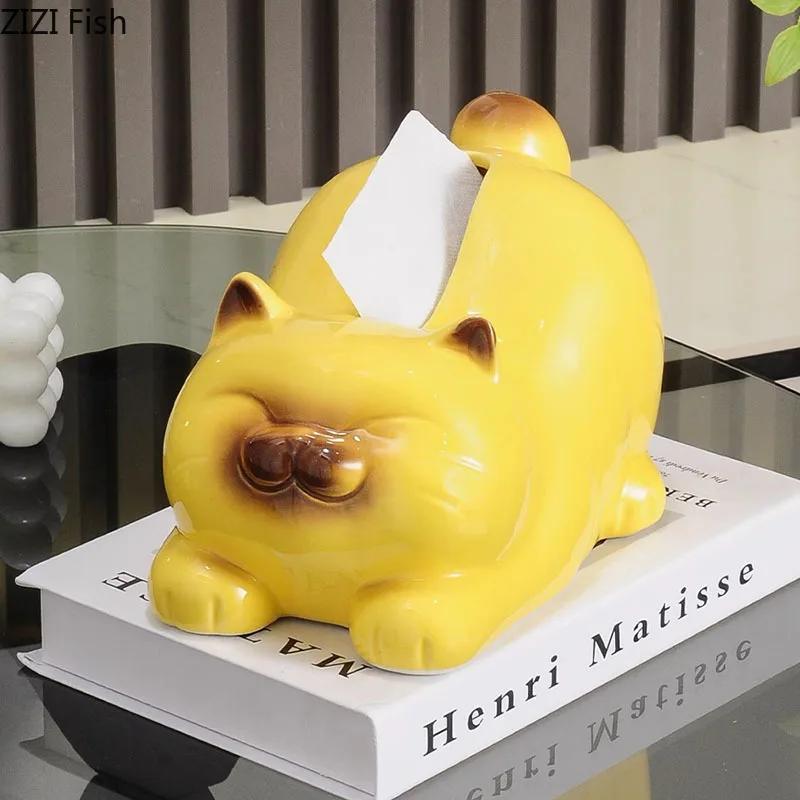 Lovely Siamese Kitten Ceramic Tissue Box Coffee Table Desk Decoration Cartoon Cat Tissue Box Bedside Table Paper Towel Case