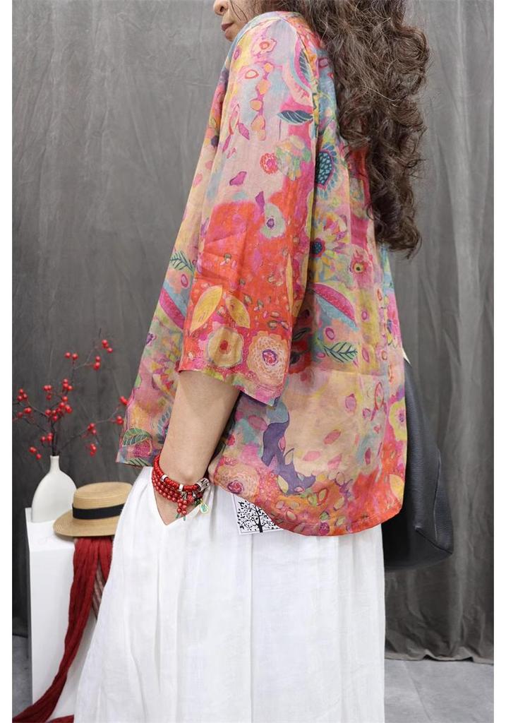Asymmetrical Linen Frog Button Chinese Style Shirt, Spring/Summer 2026, Slimming Three-Quarter Sleeve Pullover.