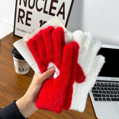 Thick Fleece Lined Winter Gloves Women Ins Trendy Korean Red Heart Design Faux Mink Fur Cycling Coldproof Mittens Student Gift