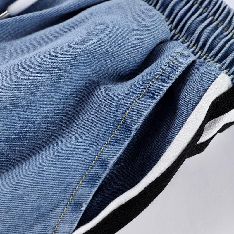 Women Denim 2 Piece Set Striped Long Jacket Lace Up Washed Distressed Wide Leg Pant Autumn Female Streetwear Matching Sets