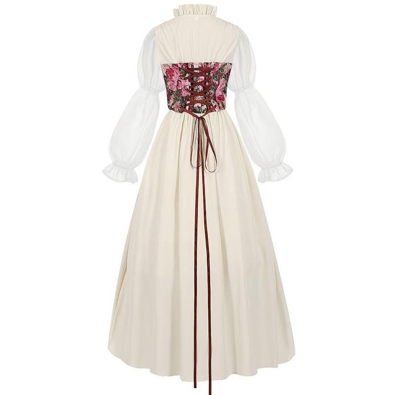 Temperament Dress Literary Retro Floral Waist Dress Medieval Victorian Clothing
