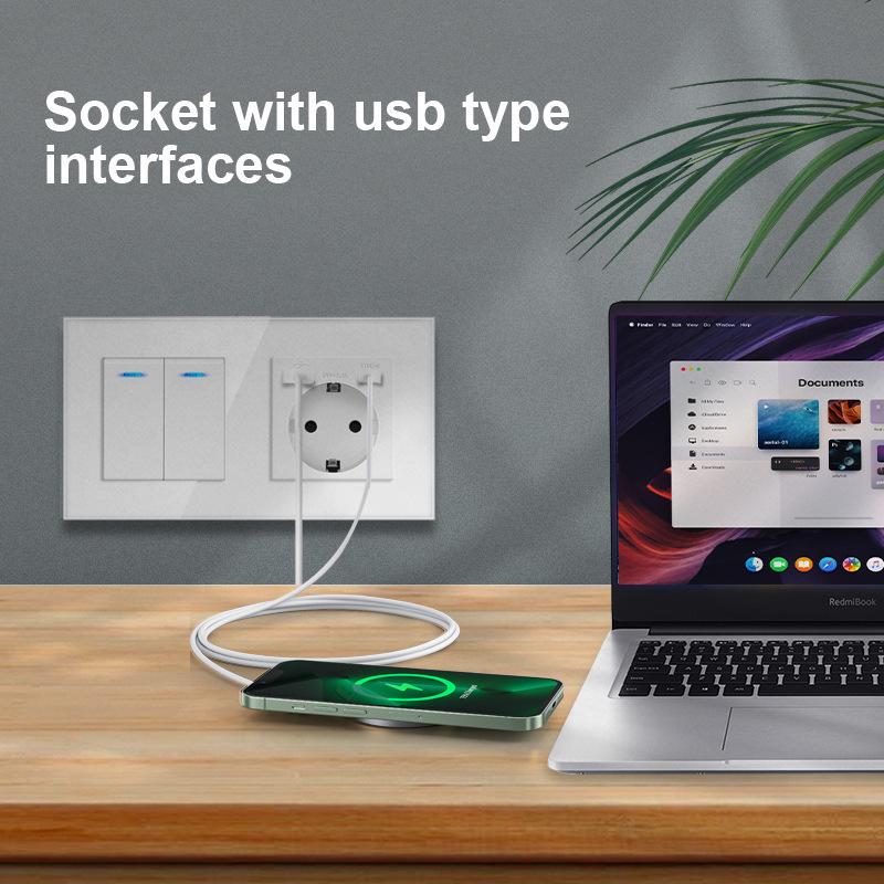European Style Type 157 16A USB Wall Socket with LED Light, Glass Finish.
