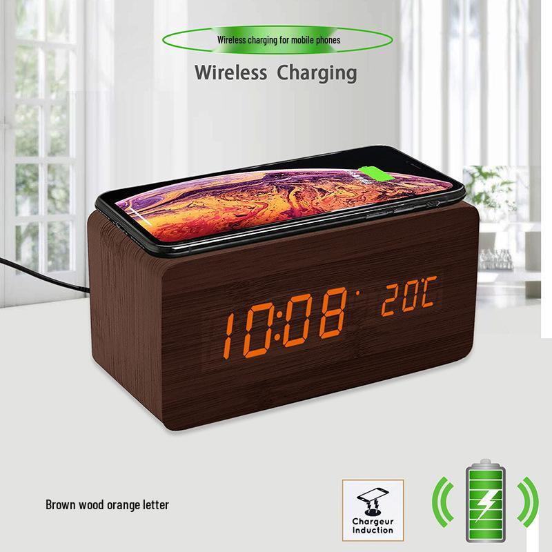 

Wireless LED Wooden Alarm Clock with Adjustable Brightness and Digital Display for Bedroom or Study, includes Wireless Charging.