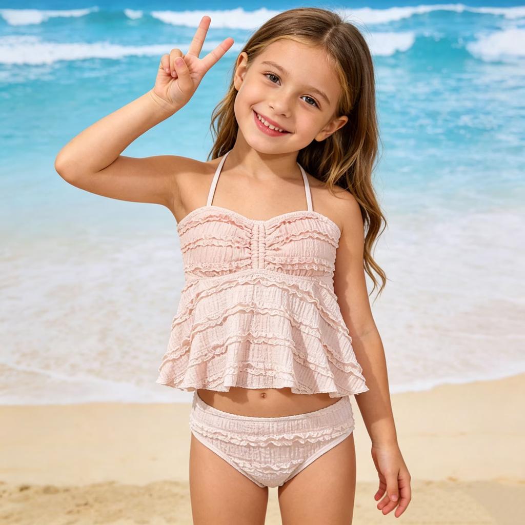 Dziewczęcy dwuczęściowy komplet kąpielowy falbankowy wielowarstwowy top tankini i figi dziecięca letnia odzież kąpielowa plażowa