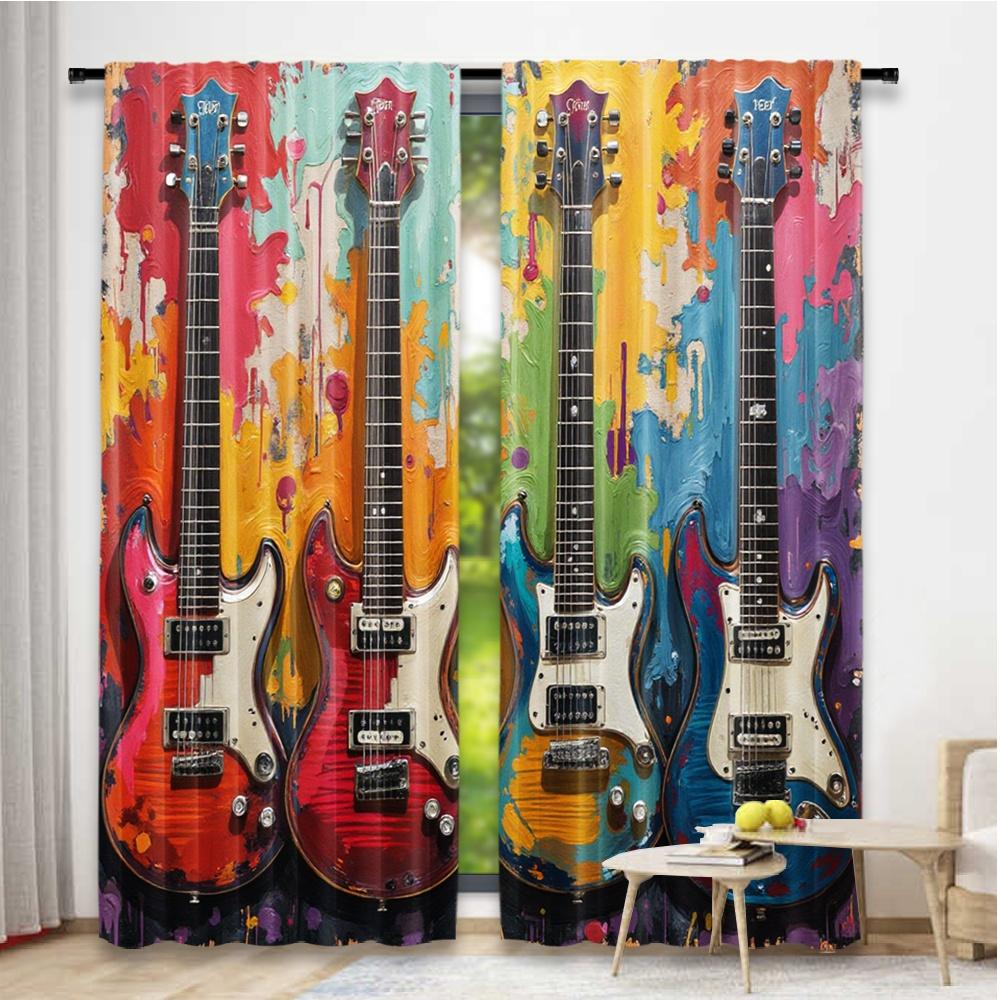 Set Of 2 Flat Printing Christmas Hot Party Curtains Vivid Guitars Digital Printed Polyester Drapes Holiday Decorations Use Curtain