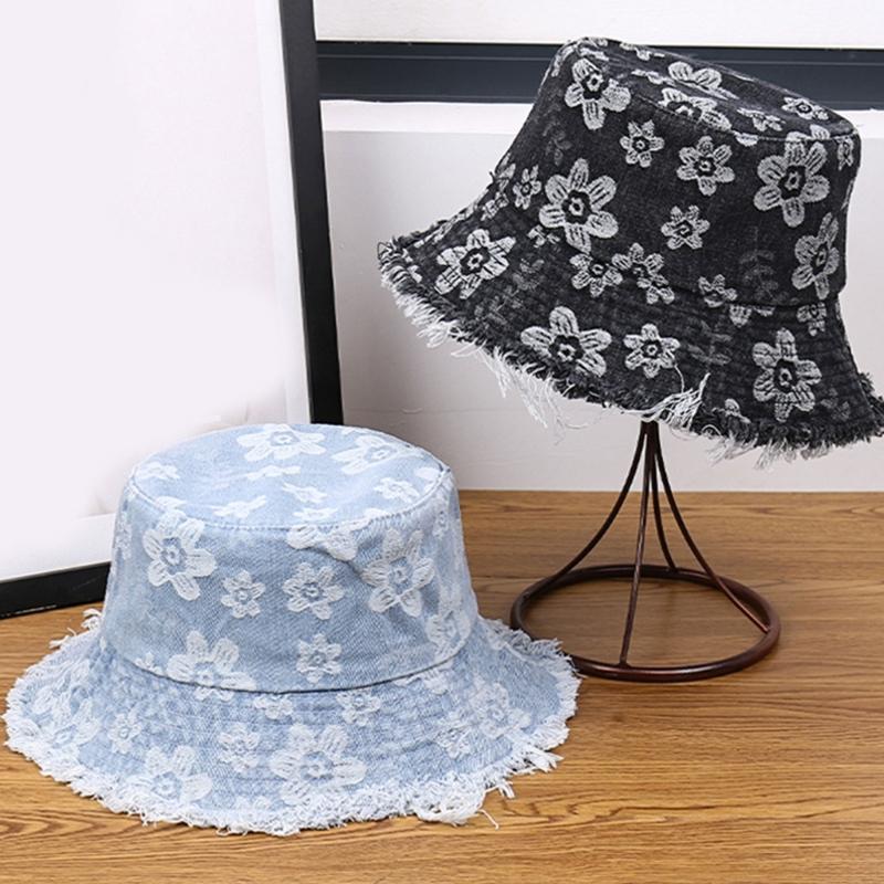 Stylish Distressed Trim Flower Print Fisherman Hat Breathable Bucket Hat for Spring Autumn Daily Outfit Fashion Headwear