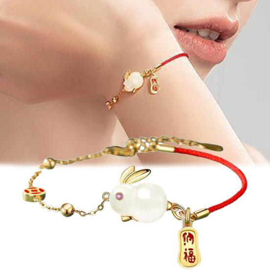 Damen Armband Chinesischer Stil Fu Zeichen Glücksbringer Anhänger Geschenk Halb Rote Schnur Halb Kette Faux Jade Hase Armreif für Täglich