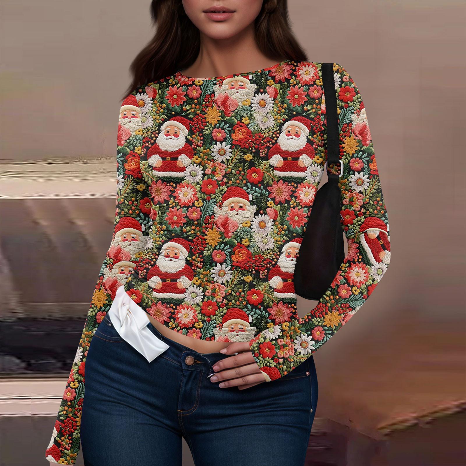 

Женская модная повседневная футболка с круглым вырезом и рождественским принтом с длинным рукавом S красный