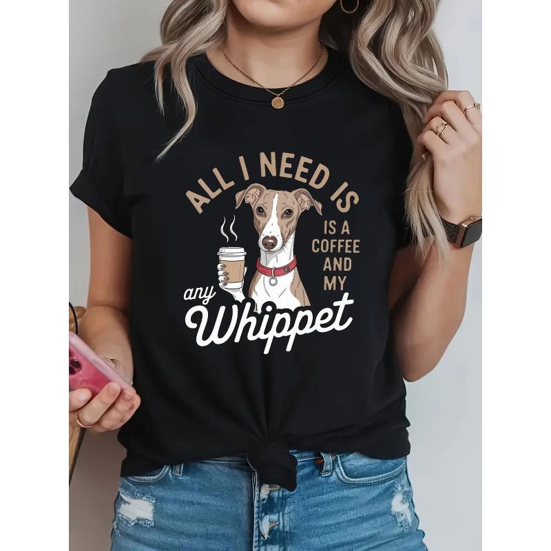 

Women s Whippet & Coffee Print T-Shirt Round Neck Casual Pet Lover Spring Summer Top S чёрный