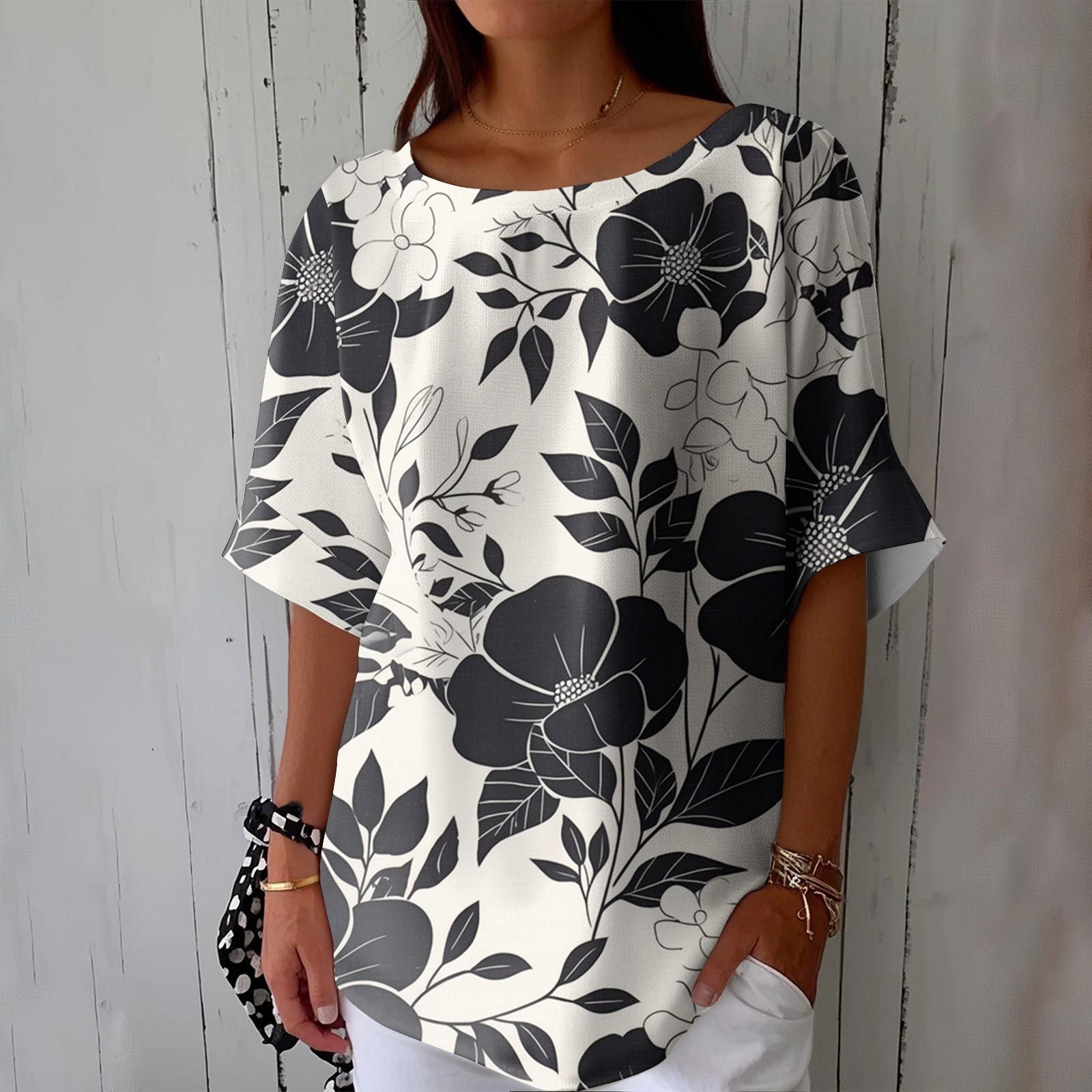 Women s Fashionable Casual Round Neck Printed Top Loose Top Printed Top Loose Top S чёрный