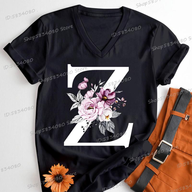 Letter B Floral T Shirts Women English Alphabet Birthday Gift Women 26 Initials Flower Classic Tops Tees Alphabet Floral Tshirt