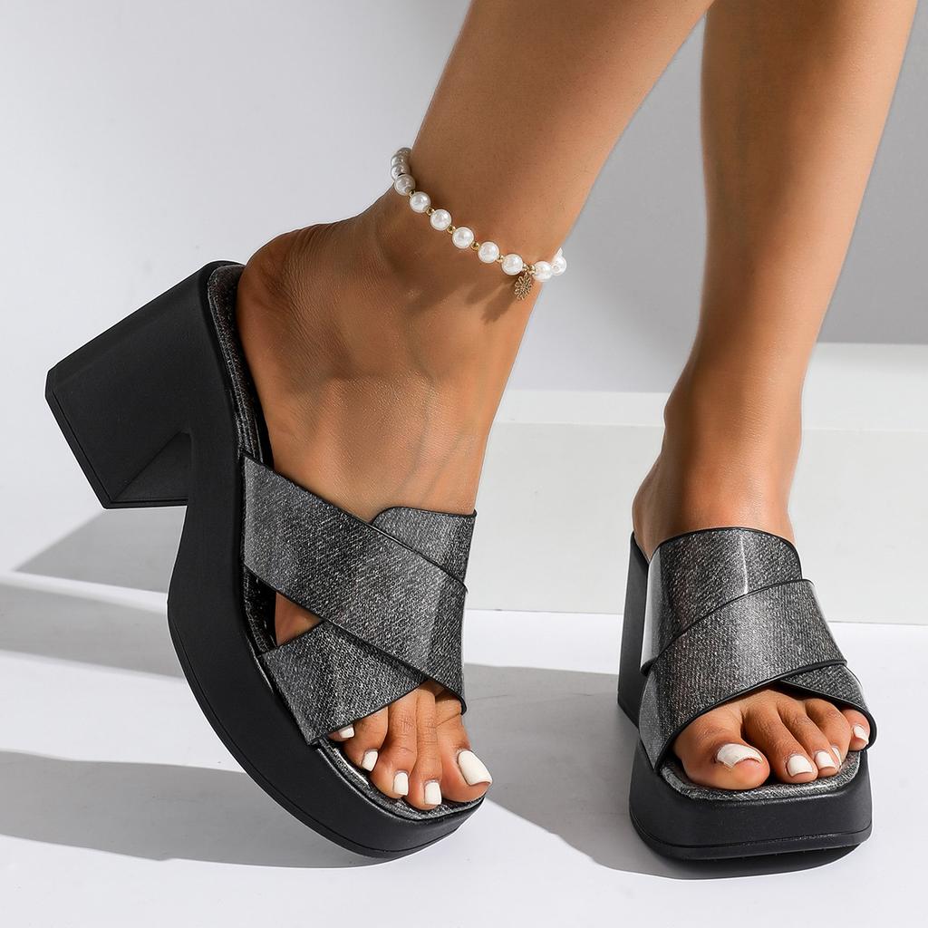 Crossed open-toed high-heeled platform slippers women's thick-heeled versatile outer wear square-head fashion shoes