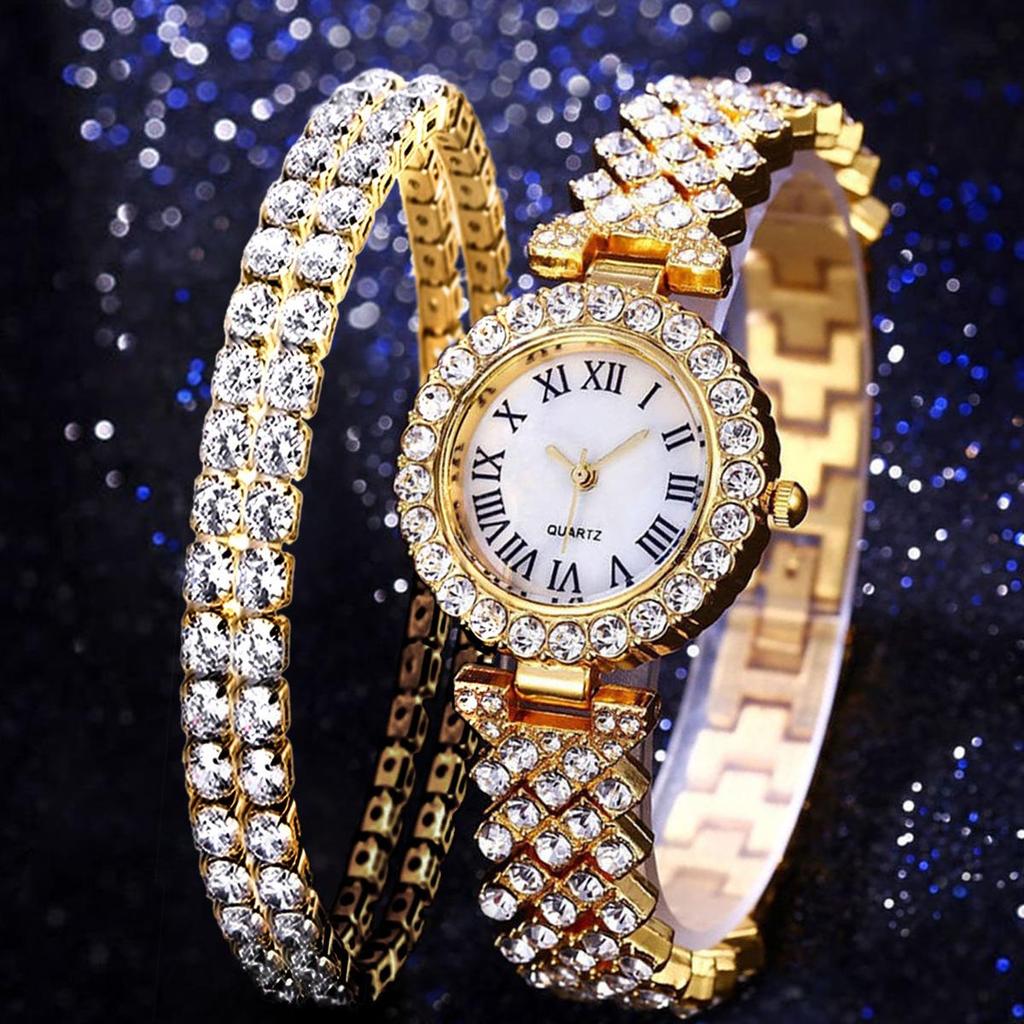 Women's Rhinestone Dial Quartz Watch & Starry Bracelet Gift Set: Simple & Stylish