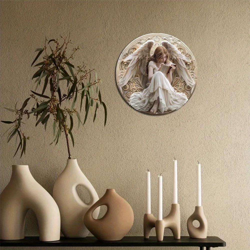 Exquisite Religious Christmas Angel Round Wooden Sign, Stunning Wall Decoration, Wall Art, Home Decor, Flat 2D Print