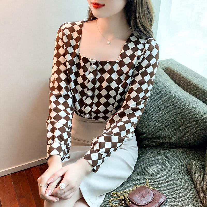 Women Blouses Shirts 2025 Spring Long Sleeve Women Blouse Shirt Square Collar Black Chiffon Blouse Shirt Women Tops J588