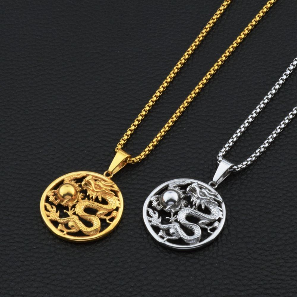 Ethnic Style Men's Retro Necklace Pan Long Play Ball Pendant Dragon Pattern Personality Pendant Long Sweater Chain Accessories
