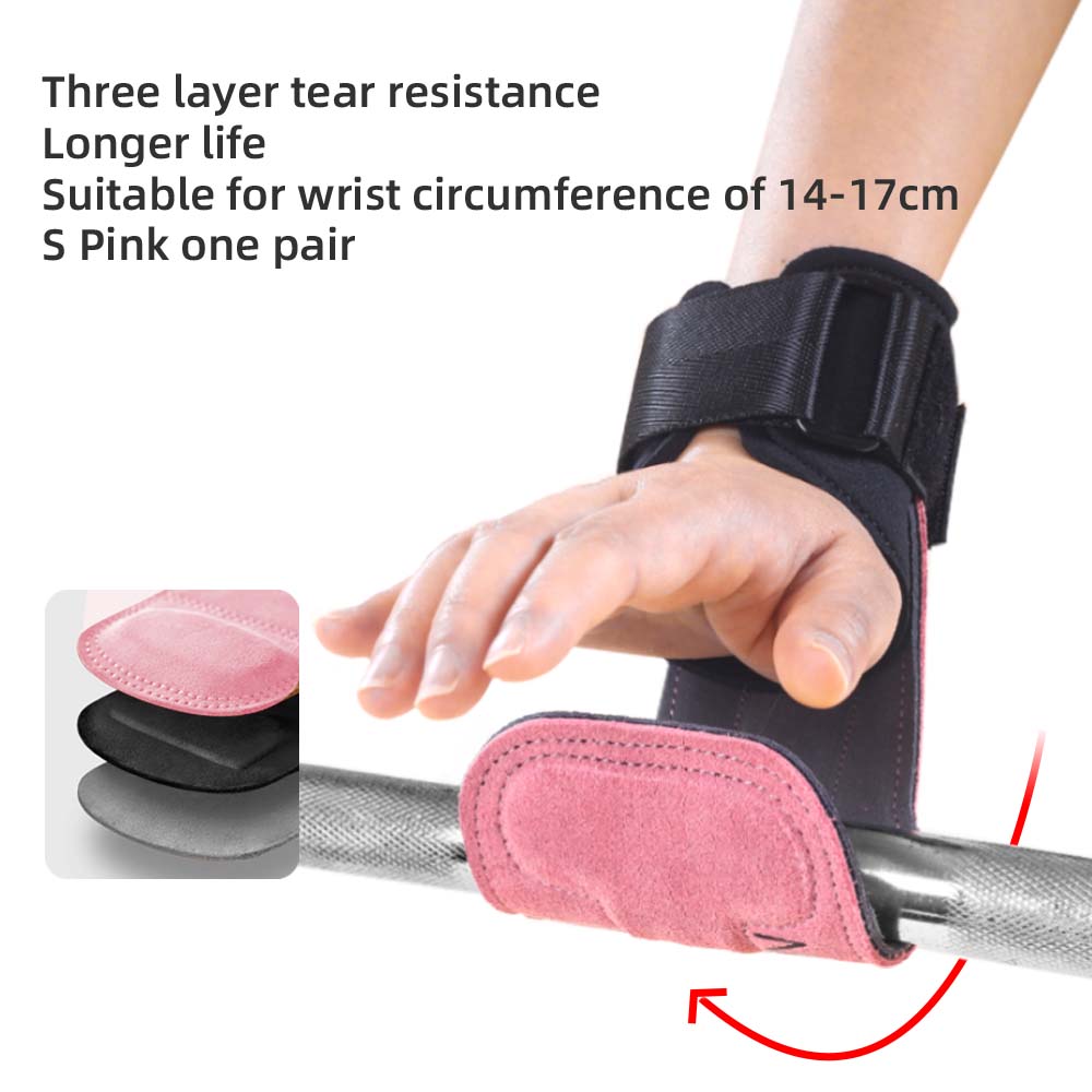 Factory Cowhide Gym Gloves Anti-Slip Automatic Leather Palm Guard Protection Unisex Strength Weightlifting Wrist Strap S розовый