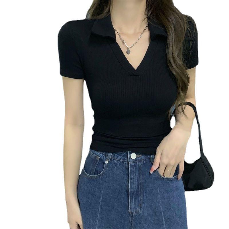 Women's Summer French Style V-Neck Slim Polo Shirt - Short-Sleeve Knit Top