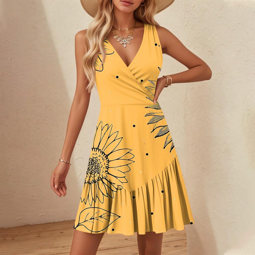 Γυναικεία Φορέματα με V Λαιμόκοψη, Μέση, Φλοράλ Μοτίβο, Αμάνικα, με Βολάν στο Τελείωμα