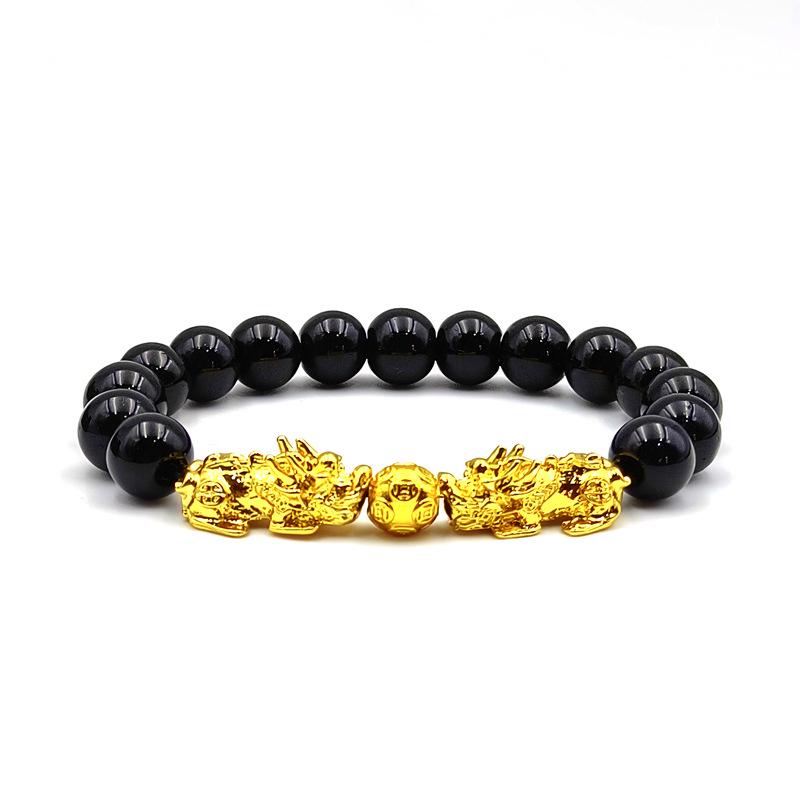 Vietnamese Pixiu Gold & Imitation Obsidian Bracelet - Men's Wealth Attracting Ancient Style with Glass Beads.