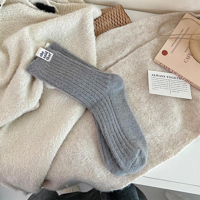 Winter and Autumn Children's Thick and Warm Mid-calf Socks with Vertical Stripes and Solid Color Wool Pile Socks