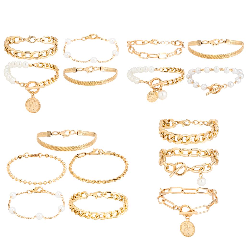 Ingemark Boho Imitation Pearl Chain Coin Pendant Bracelets Set for Women on Hand Vintage Snake Link Bangles Couple Wrist Jewelry